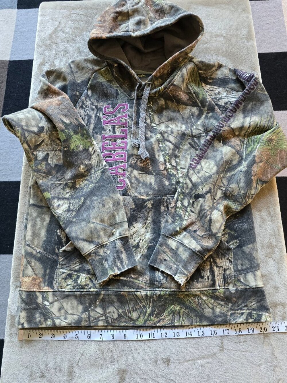 Cabela’s Camouflage Pullover Hoodie with Purple Script Logo - Distressed Size L